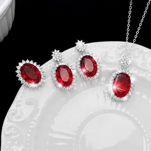 Elegant Red Oval Statement Jewelry Set – Vintage Royal Style Necklace, Earrings & Ring for Women