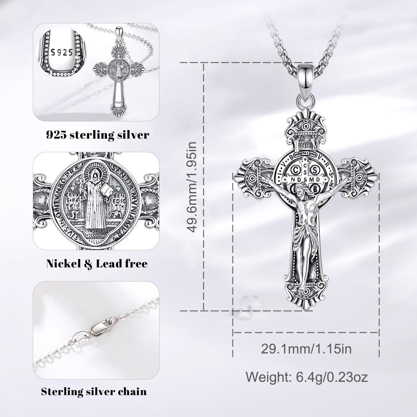 Eudora S925 Sliver St Benedict Pendant Necklace, San Benito Cross Medal for Him, Vintage Saint Benedict Amulet, Catholic Protection Amulet, Christian Jewelry Gift