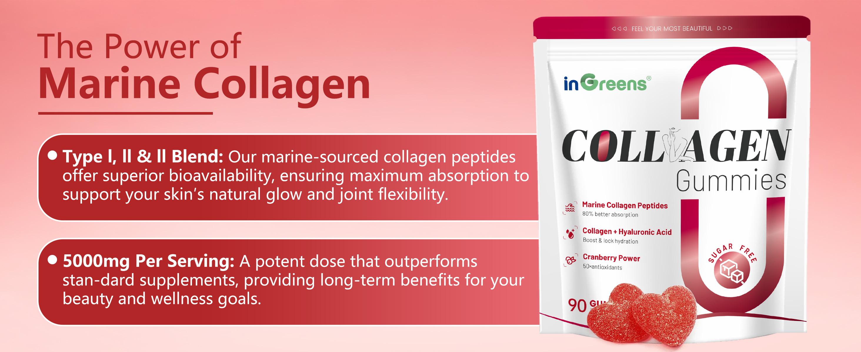 InGreens Collagen Gummies with Hydrolyzed Marine Collagen 5000mg Supplement for Women Aging & Healthcare Zero Sugar 30 Days Serving 90 Gummies US