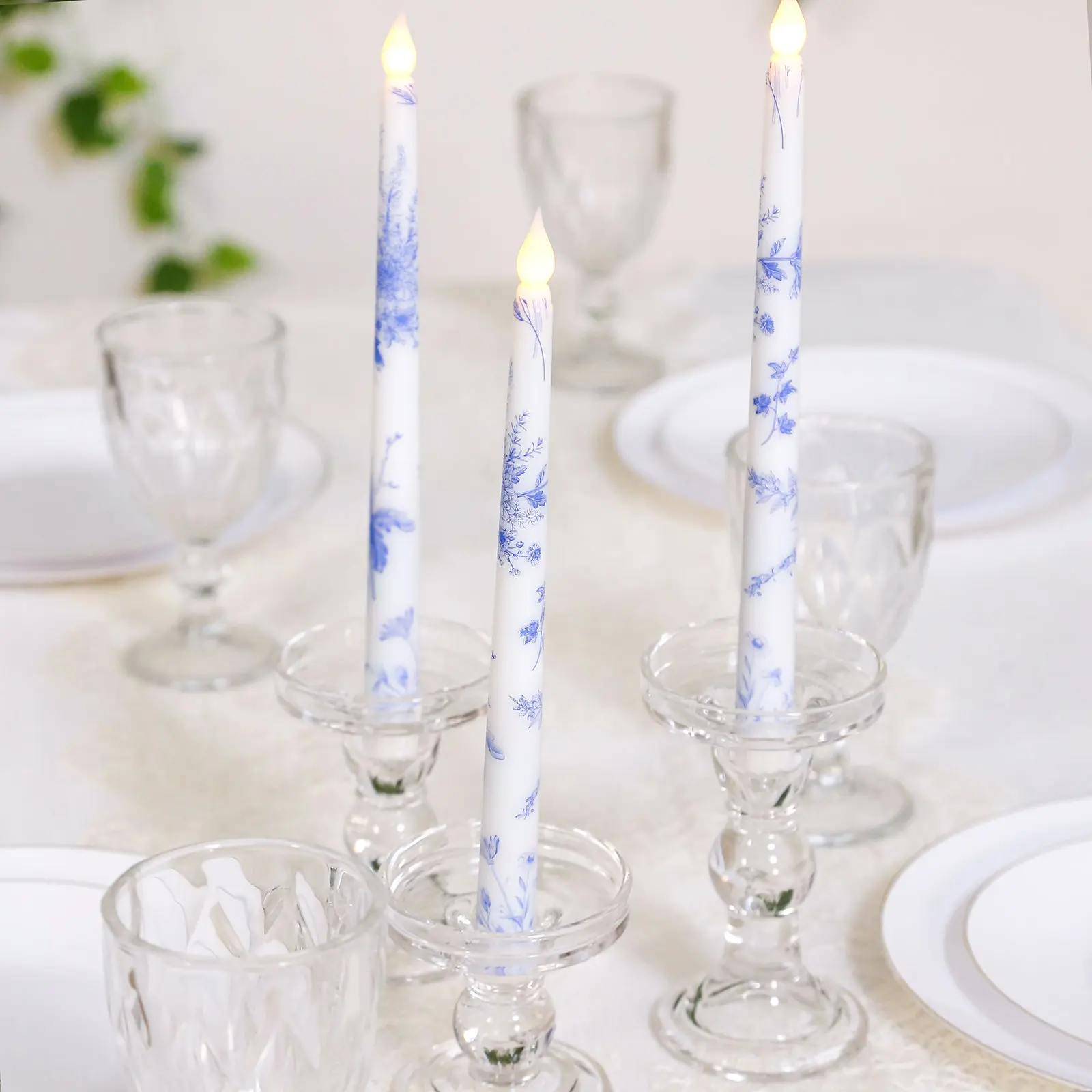 11 in LED Flameless Taper Candles 6-Pack - Battery-Operated Flickering, White & Blue French Toile Design, Ambient Decor Lighting, Fire-Safe Artificial Tea Light Candleholder, Home Decor Gifts for Bars, Birthday