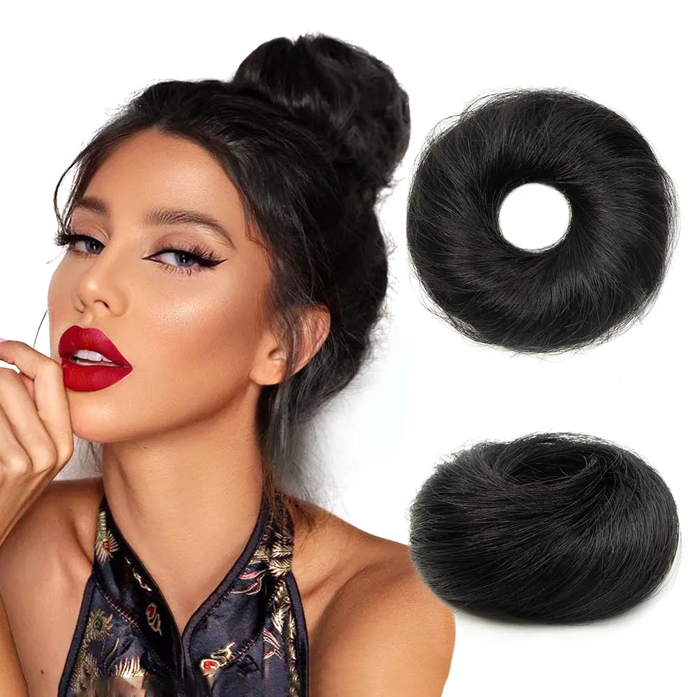 Messy Bun Hair Piece Human Hair Wavy Stretchy 100% Real Human Hair Scrunchies Hair Bun Donut Elegant Chignon with Elastic Rubber Band Human Hair Tousled Updo Extension (#1 Jet Black)