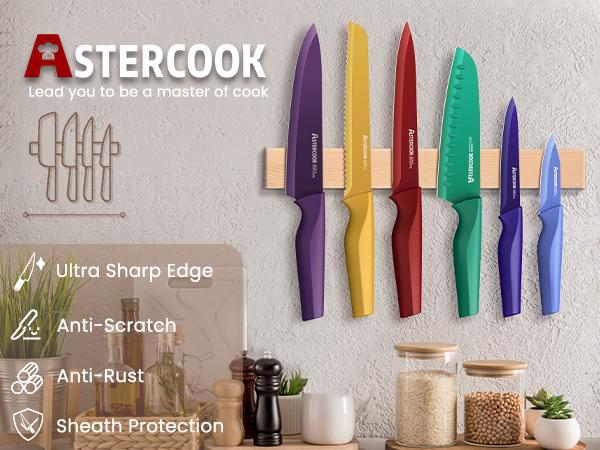 Astercook Paisley Knife Set – Cook with Love, A Thoughtful Valentine’s Day Gift for Home Cooks, 6-Piece Colorful Kitchen Knife Set Utensils Breadknife Kitchenware Block