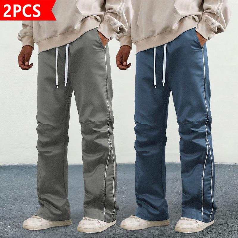 Men's Stacked Track Pants 2-Pack - Streetwear Hip Hop Contrast Piping Wide Leg Pants, Drawstring Waist Casual Baggy Trousers, Lightweight Satin Fabric for Daily Wear, Hip Hop & Street Style. Beige Crewneck Men's Stacked Track Pants 2-Pack - Streetwear Hip Hop Contrast Piping Wide Leg Pants, Drawstring Waist Casual Baggy Trousers, Lightweight Satin Fabric for Daily Wear, Hip Hop & Street Style. Beige Crewneck
