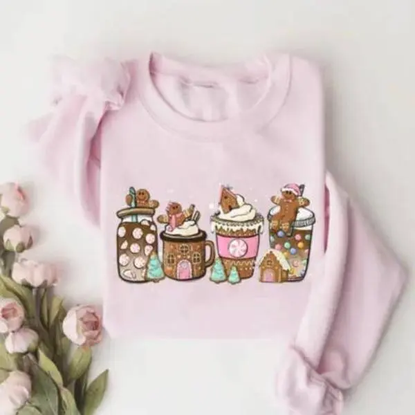 women's Holiday Sweater, Pink Christmas Sweatshirt, Gingerbread Christmas Coffee Sweatshirt, Xmas Tee, Latte drink Crewneck, Coffee Lover Gift