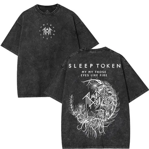 BOYHELP Men's Sleep Token Distressed Vintage Short-Sleeve Round Neck Acid Washed Oversized Gothic Heavy Metal Merch Cotton Casual T-Shirt - OTG Menswear Tops, Gifts for Him