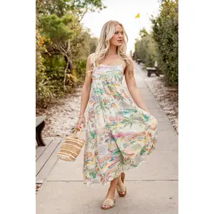 Paradise Awaits Cream Tropical Maxi Dress