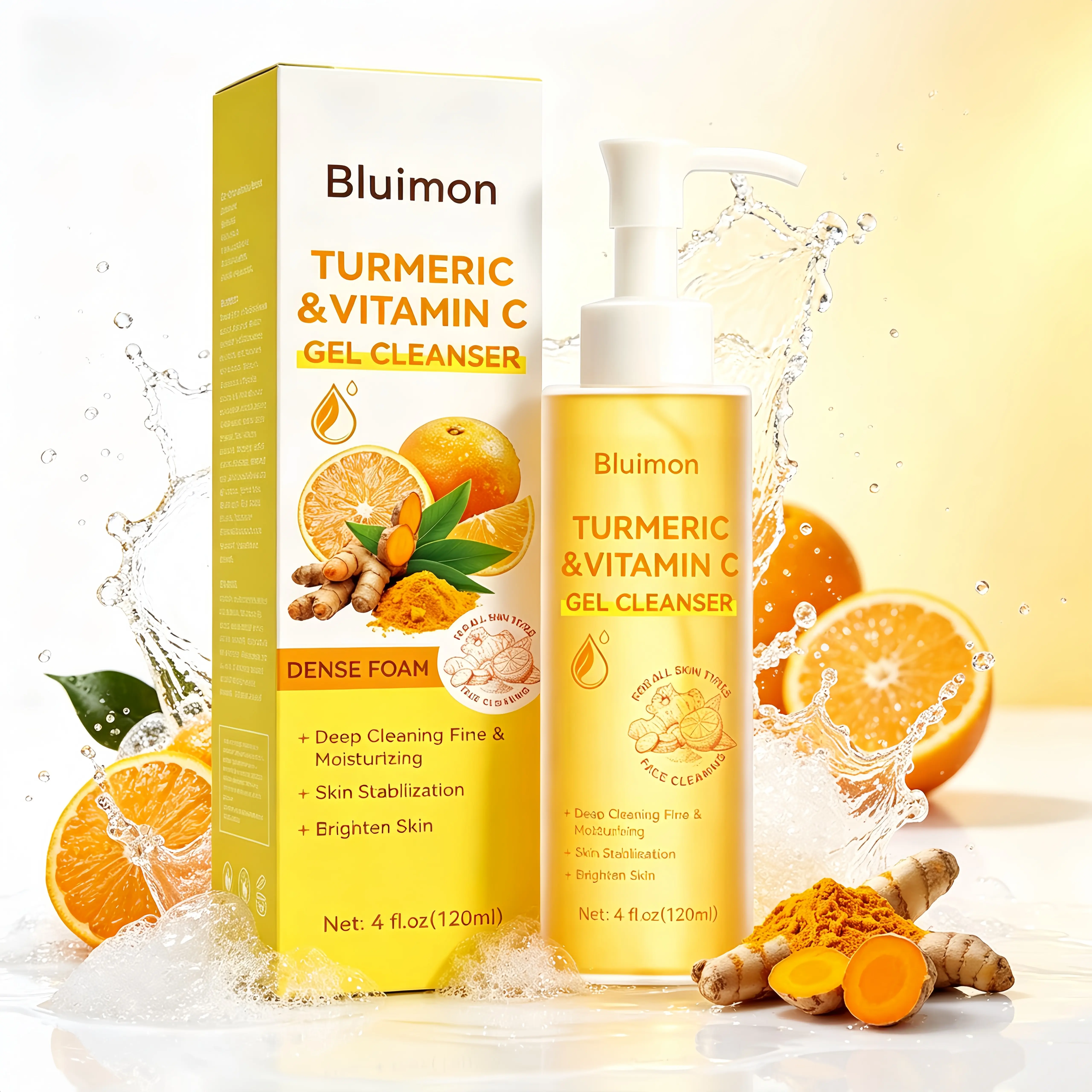Bluimon Turmeric & Vitamin C Gel Cleanser - 120ml Facial Cleanser with Niacinamide & Calendula, Turmeric Boost, Deep Cleanse, Oil Control, Brightening, Refreshing Gel Wash for All Skin Types, Facial Cleansing, Daily, All Skins