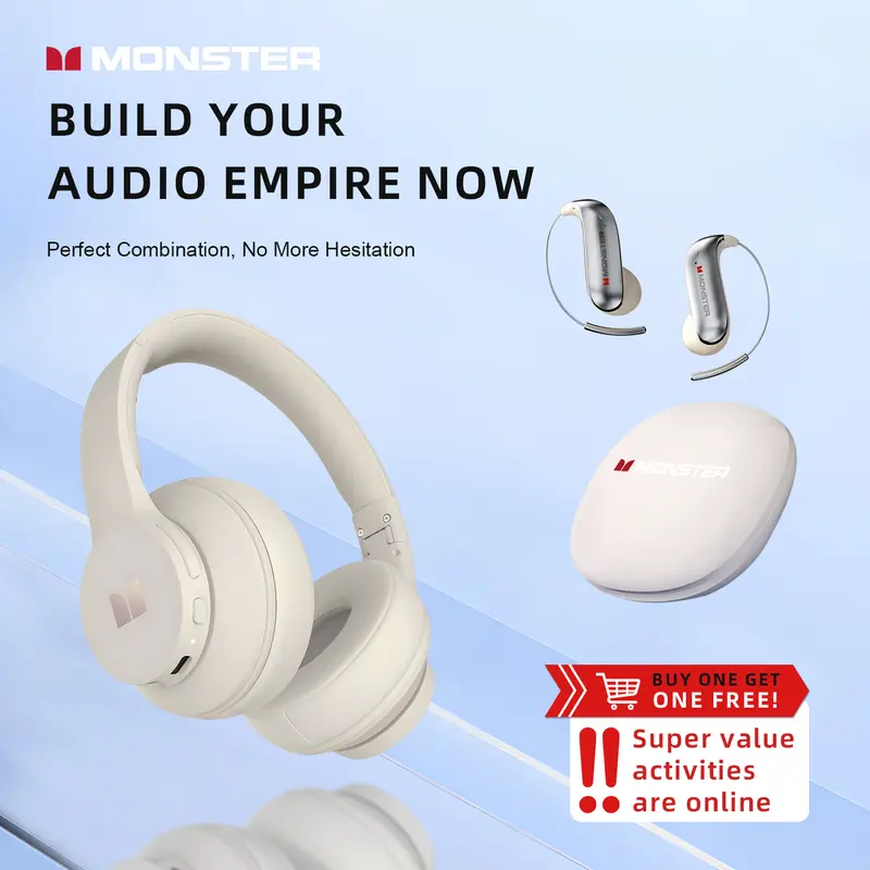 Monster Over-Ear Headphones & EarBuds Bluetooth Combo – Deep Bass, Clear Sound, Noise Cancelling Mic, Zero-Gravity Titanium Ear-Hook, Noise Isolation,Waterproof, 165H Playtime, Foldable Wireless Headset for Travel, Work - TikTokShopBackToSchool, Electroni