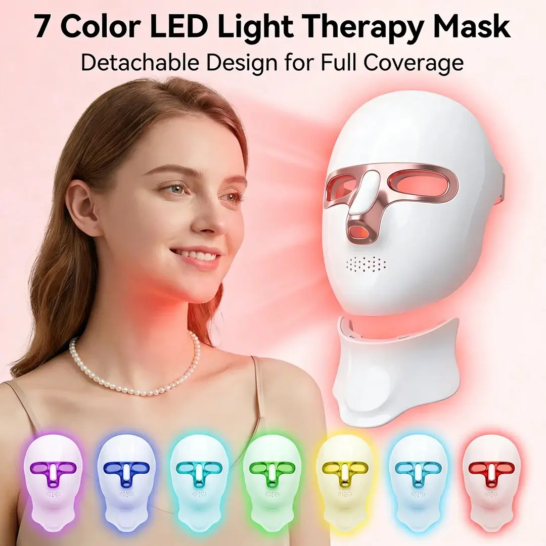 7-Color Enhanced LED Light Source Face and Neck Photon Mask, Hands-Free Rechargeable Battery-Powered Silicone Facial Beauty Device with Plug, Adjustable Lightweight Skin Rejuvenation Tool for Wrinkle Improvement, Ideal Women's Home Care Gift