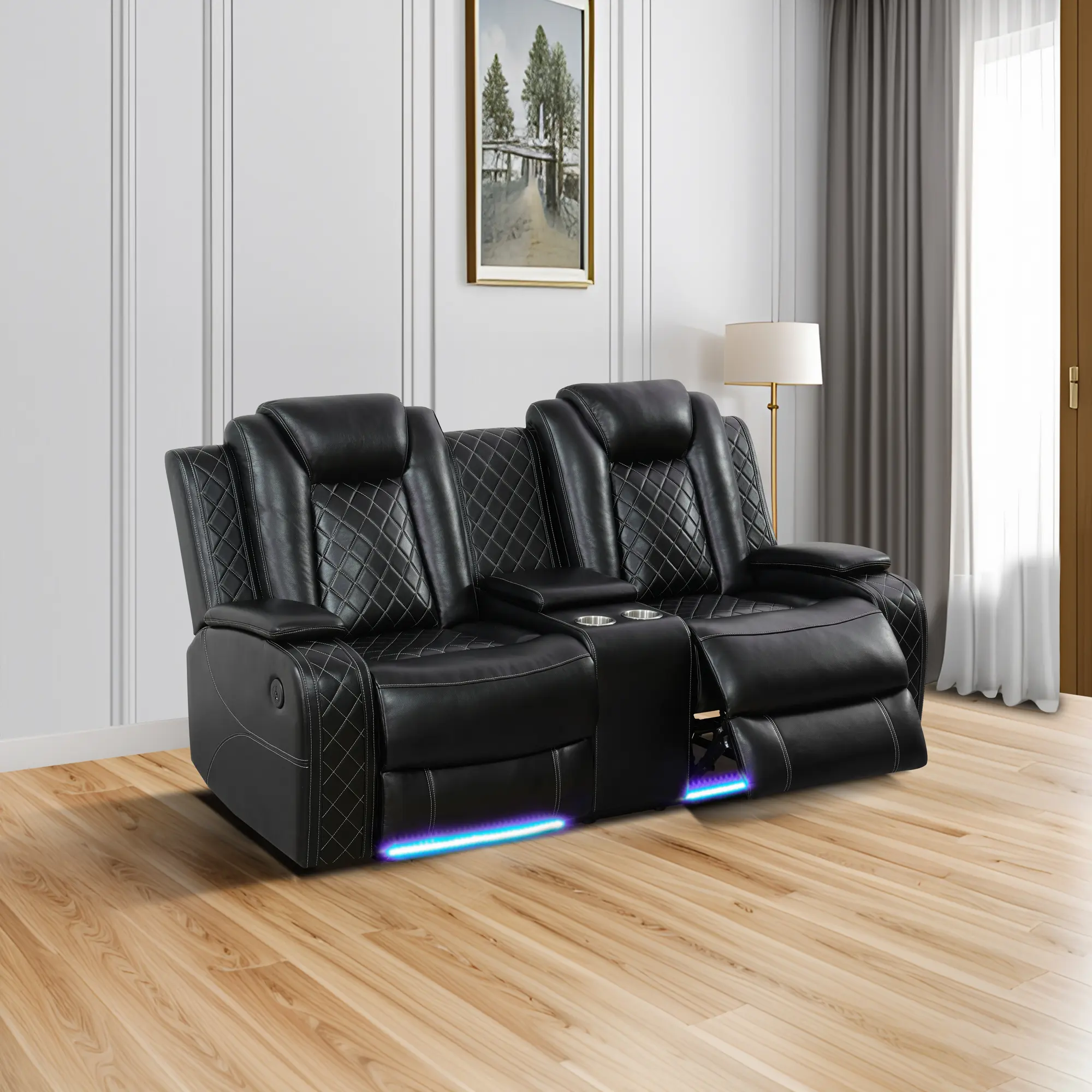 2‑Seater Black Breathable Leather Recliner Loveseat, Adjustable Chaise Lounge, LED Lights, Built‑In Storage Organizer, Dual‑Motor, Ergonomic Support, Padded Armrests, Modern Sleek Indoor Living Room Furniture