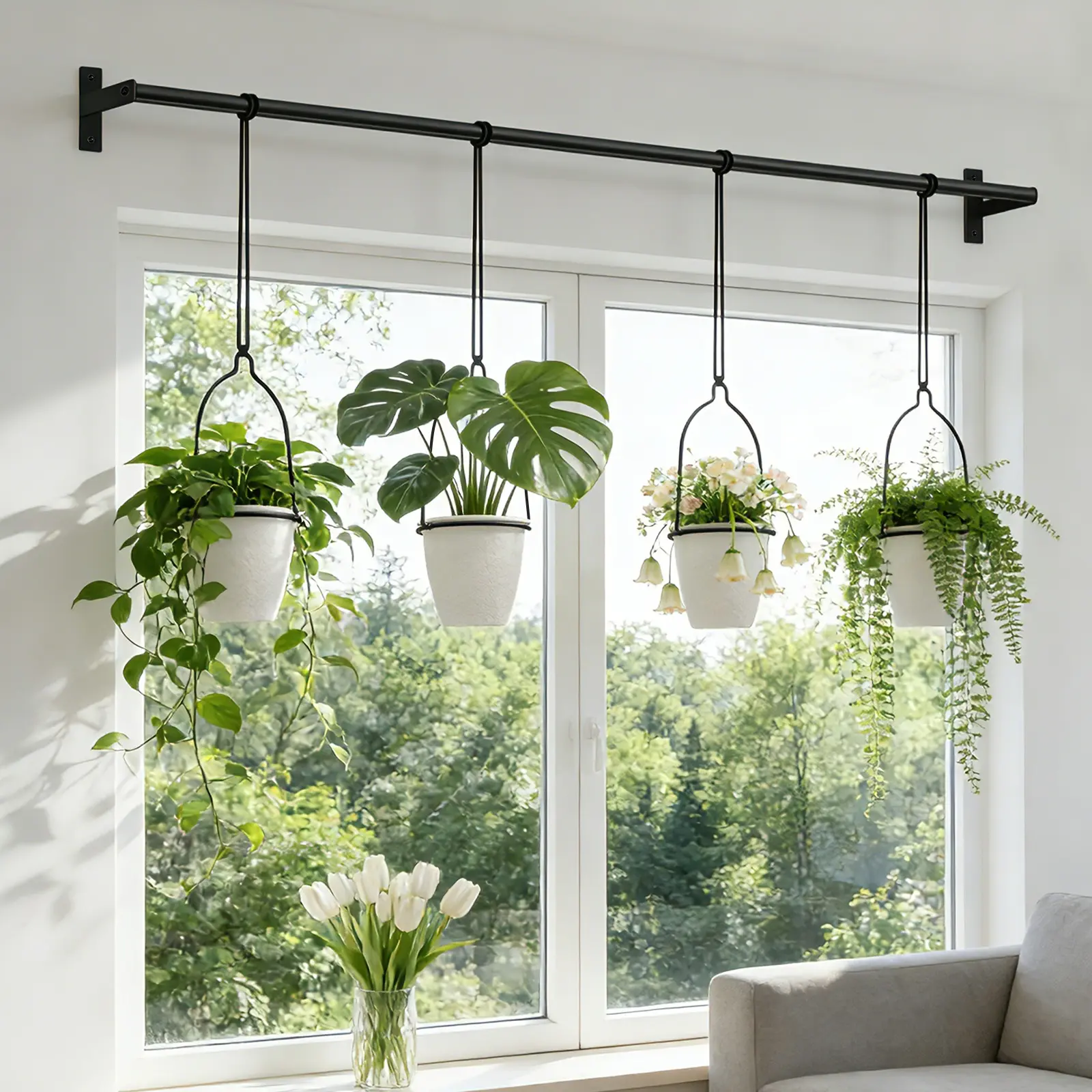 Metal Adjustable Height Hanging Planters with 4 Plastic Flower Pots, Nylon Rope Hanger, Practical Storage Rack - Pot for Plants, Elevated Planter, Plant Decor, Hanging Baskets for Balcony Garden, Ceilings, Indoor Use