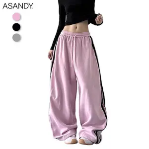 ASANDY Pink Baggy Track Pants Q5135 Oversized High Waist Sweatpants for Women Hide Belly Slim Legs Cozy Aesthetic Daily Wear Straight Leg Polyester Fiber