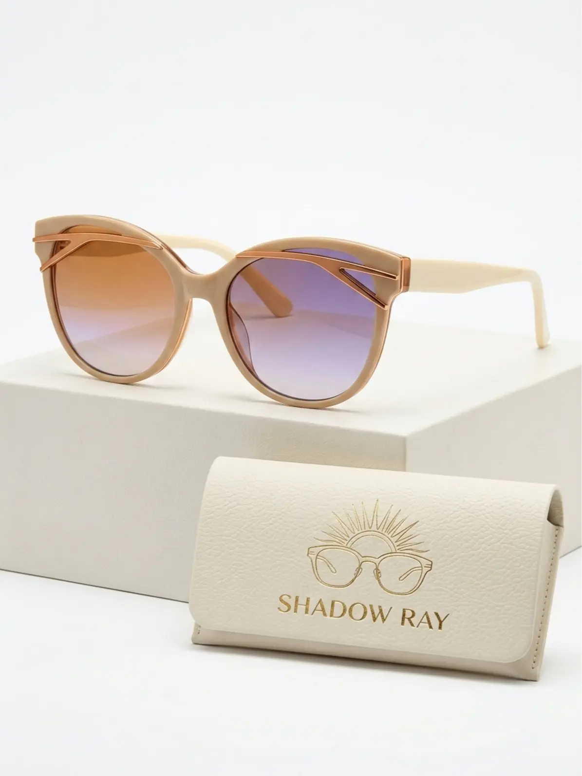 Women's Vintage Cat Eye Sunglasses - Beige Frame, Gradient PC Lens with Yellow Tint, UV 400 Protection, Windproof, Casual Wear, Classic Driving Photo Glasses