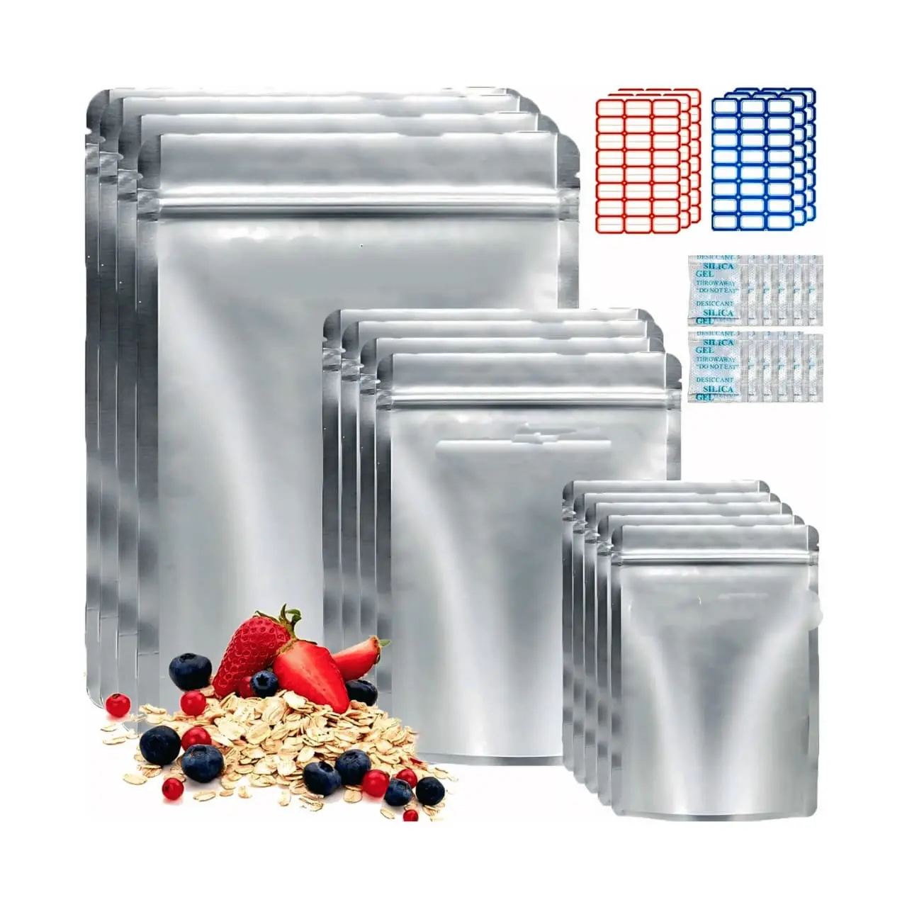 Mylar Food Storage Bags 100 Pack with Oxygen Absorbers 1 Gallon Stand Up Zip Lock Bags 9.4 Mil 10"x14" 7"x10" 5"x7" Long Term Food Storage Organiser Containers