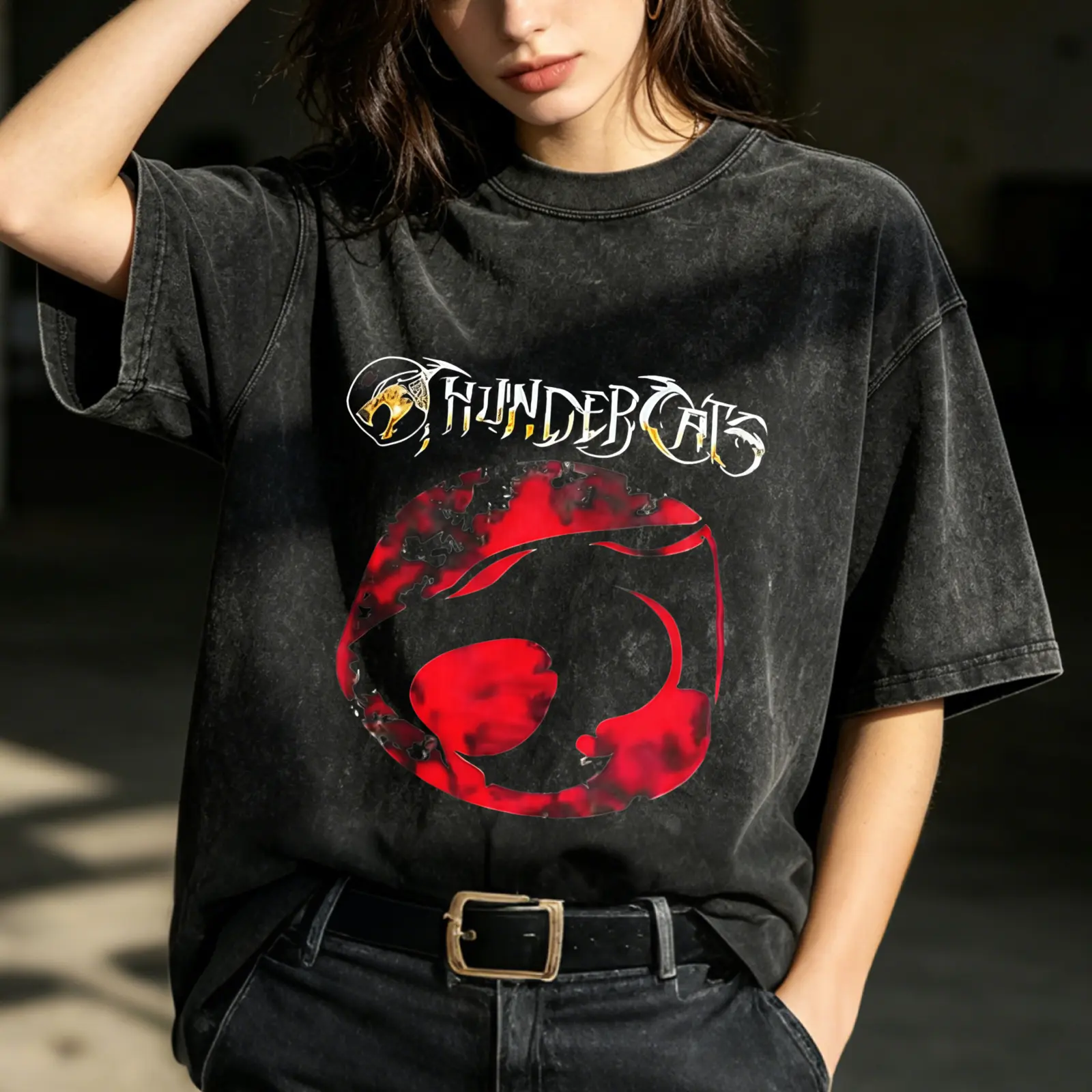 Thundercats Logo Red Women's Vintage Washed T-Shirt Thundercats Logo Red Design Oversized Graphic T-shirt Outdoor Casual Short Sleeve