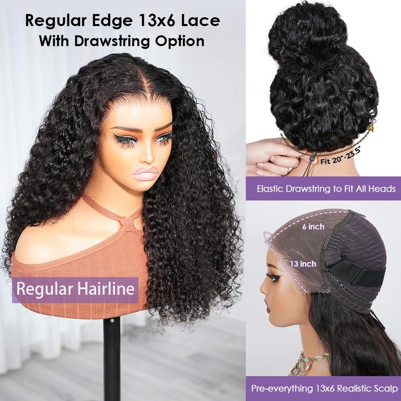Glueless Curly Lace Front Human Hair Wig With Super Natural Hairline 360 13x6 Drawstring Wig Regular or 4C Curly Edges Hairline Option 220% Density Pre Bleached Knots #TikTokShopBlackFriday
