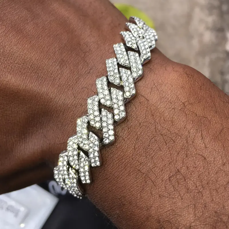 Men's 2pcs Unisex Iced Out Diamond Rhombus Shape Cuban Link Bracelet - Metal Coating Hip Hop Bling Chain, Flip Clasp Design, Trendy Streetwear Daily Wear Costume Jewelry Gift for Boyfriend
