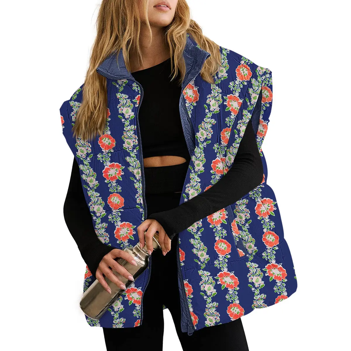 Womens Floral Oversized Puffer Vest Cap Sleeve Winter Warm Puffy Quilted Jackets Coat LAICIGO