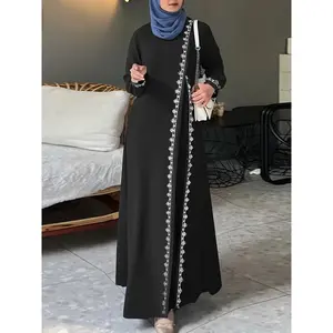 Elegant Spring Lace Knit Long Dress, Muslim Turkish Robe, Loose Fit Women's Long Sleeve Round Neck Islamic Gown, Muslim Women Gowns