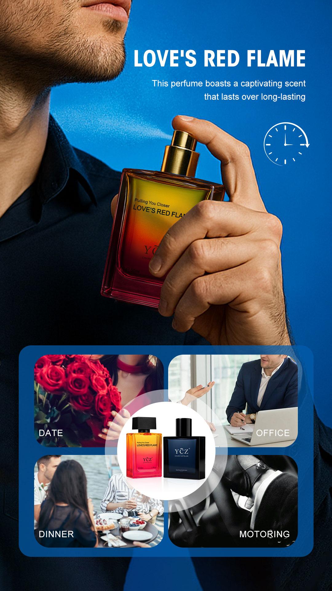 YCZ Men's Cologne 2-Piece Set - Love's Red Flame Woody Spicy Fruity & Midnight Marine Perfume - 50ml Each - Ideal for Daily & Outdoor Use - Fragrance Gift Bundle Charm Unfolds