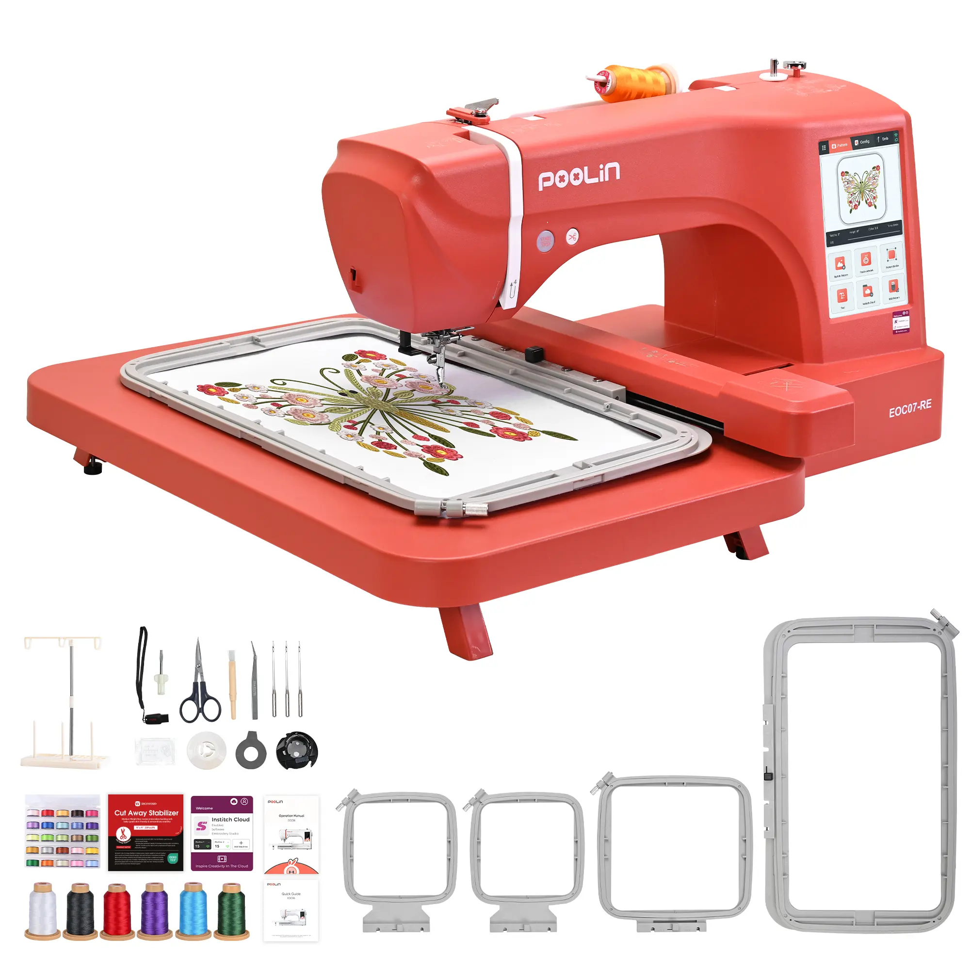 PooLin EOC07RE Metal Computerized Embroidery Machine for Beginners - Easy to Use Home Craft Tool, 7.9"x15" Hoop Area, 7" Touchscreen, 200 Built-in Designs, 4 Hoops, Thread, USB Quick Load & Wireless Connectivity, Included Software, Gifts Option