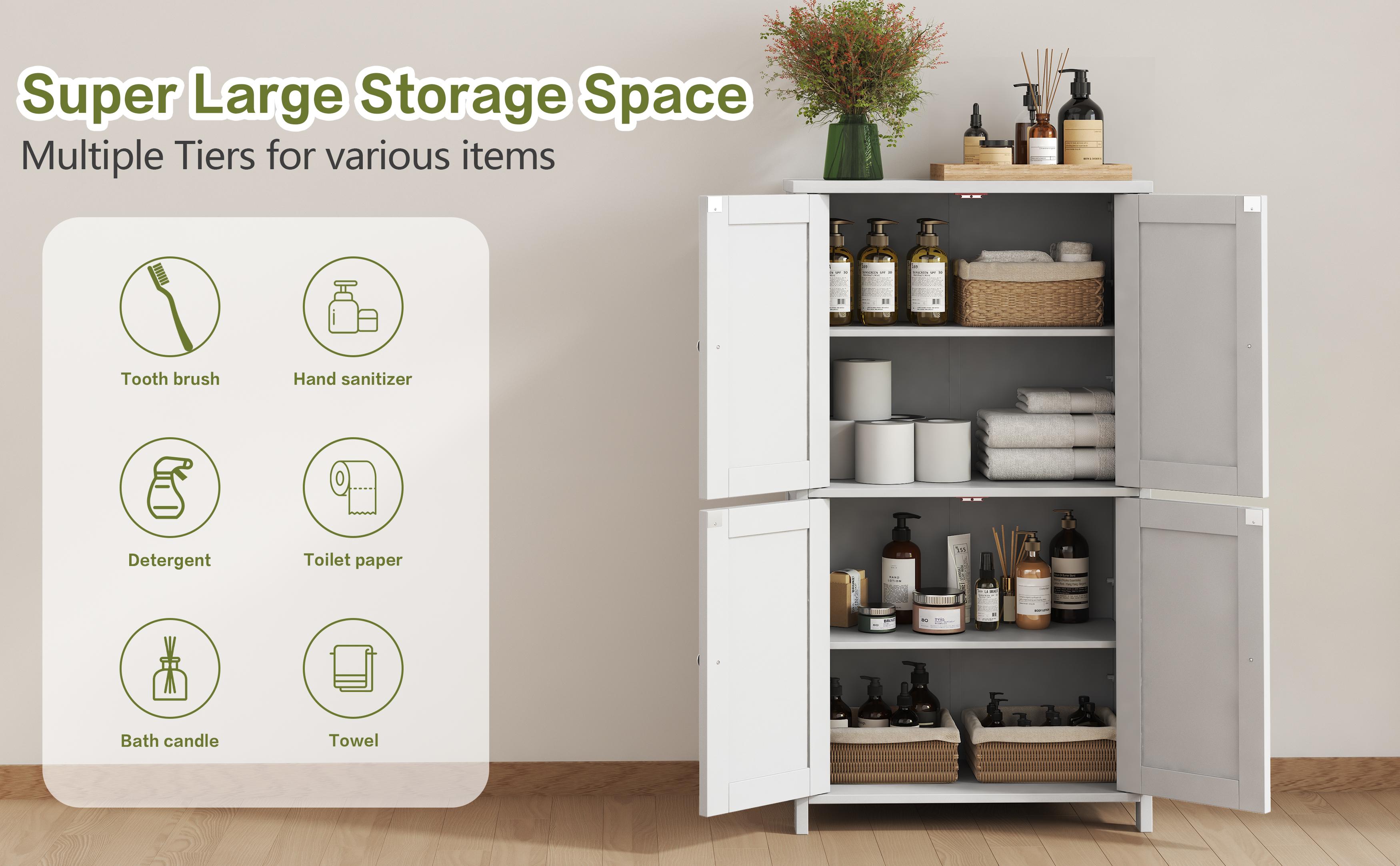 Walsunny Bathroom Floor Storage Cabinet White Freestanding Unit with 4 Doors 11.8x23.6x43.3 Inches Organizer for Books & Decor