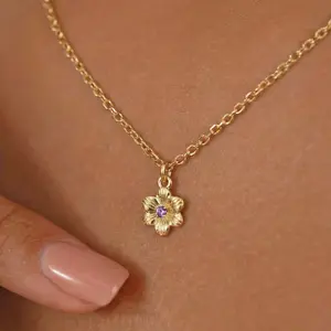 Dainty Small Flower Birthstone Necklace for Women Minimalist Floral Pendant Necklaces Adjustable Chain Birthday Trendy Jewelry Gift for Her