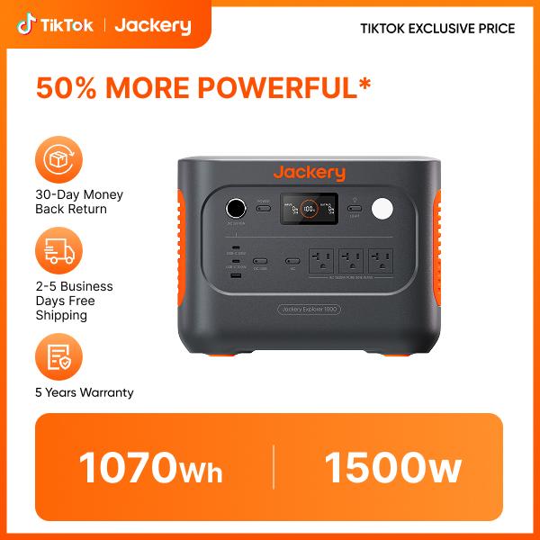 Jackery Explorer 1000 v2 High Power Portable Power Station - 1070Wh LiFePO4 Battery, 1500W Pure Sine AC Ports, 100W USB-C Output, 1Hr Fast Charge, Compact Plastic Build, Bluetooth-Enabled, 1*AC Charging Cable, for Camping, Emergency Use, Adult-Only