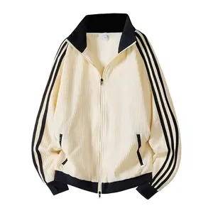 New unisex heavyweight waffle-knit zip-up sweatshirt jacket for spring and autumn; teen casual sports jacket; stand-collar lightweight striped jacket; versatile color-block sports jacket; comfortable breathable fabric suitable for everyday wear and outdoo