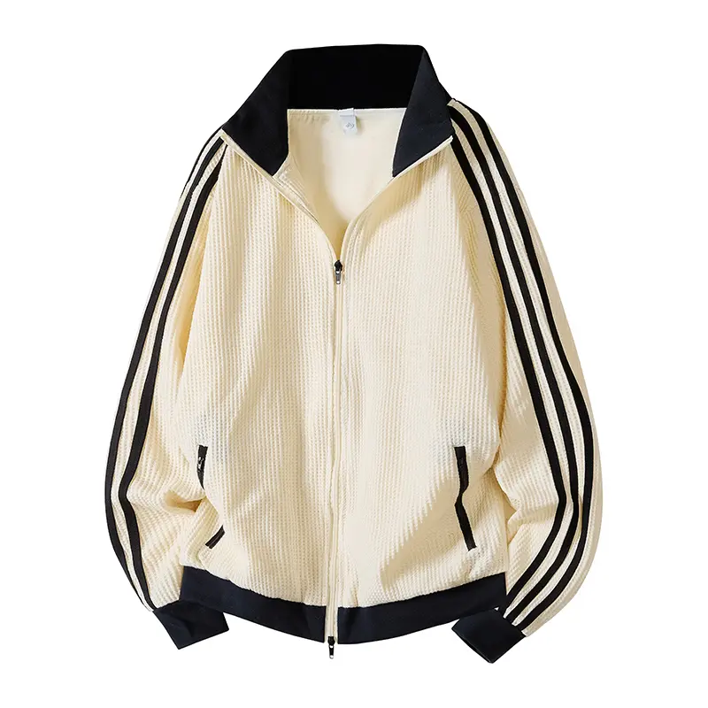 Men's Unisex Heavyweight Waffle-Knit Zip-Up Sweatshirt Jacket - Stand Collar, Striped Color Block Tops, Breathable Fabric, Comfortable Everyday Style Outerwear for Teens' Daily & Outdoor Activities, Casual, Long Sleeve, Fitted, Clothes