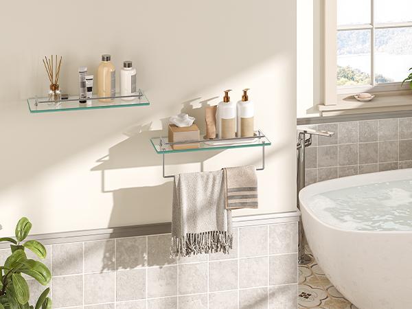 HOOBRO Glass Shelves for Bathroom, 15.7 Inch Floating Glass Shelf for Wall, Set of 2 Tempered Stainless Steel Wall Mounted Stand for Toilet, Room Decor, Silver HOOBRO Glass Shelves for Bathroom, 15.7 Inch Floating Glass Shelf for Wall, Set of 2 Tempered Stainless Steel Wall Mounted Stand for Toilet, Room Decor, Silver