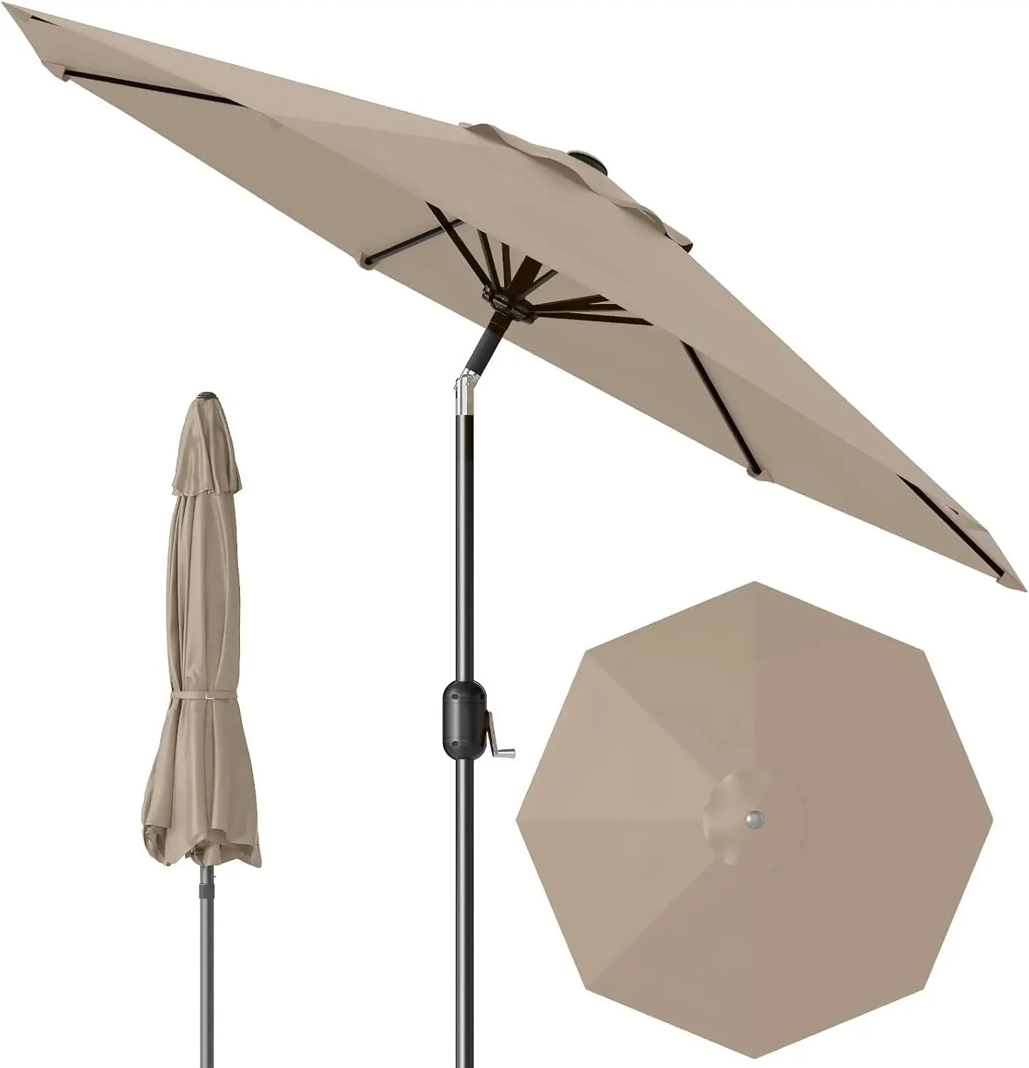 6-Rib Construction Patio Table Umbrella - Robust, Large, Adjustable, Push Button Tilting, Crank Handle, UV Shield, Waterproof for Poolside, Outdoor Dining