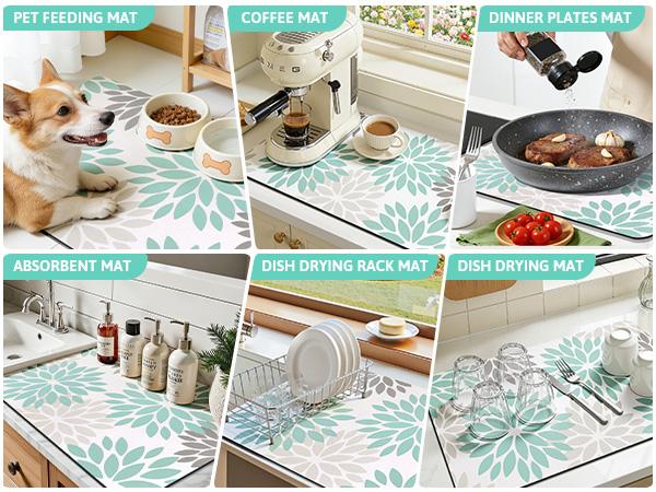 Dish Drying Mat, 12" x 20" Super Absorbent & Cuttable Dish Mat Drying Kitchen Mat with Teal Floral, Hide Stain Drying Mat for Kitchen Counter