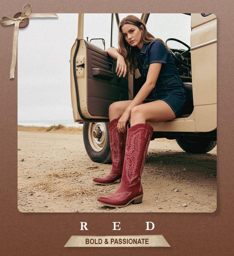 UTIFU Bold Embroidered Cowgirl Boots for Women with Western Charm Knee-High Durable Heel in Grey Brown Red & Turquoise