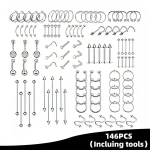 144pcs Body Jewelry Set  stainless steel Dazzling BodyDecorations for All  NoseRing NippleRingTongueRing LipRing EyebrowRing 14G 16G 18G 20GUnisex