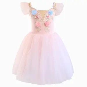Girls’ Pink Ballet Tutu with 3D Floral Embroidery, Sequined Mesh Princess Dance Performance Costume