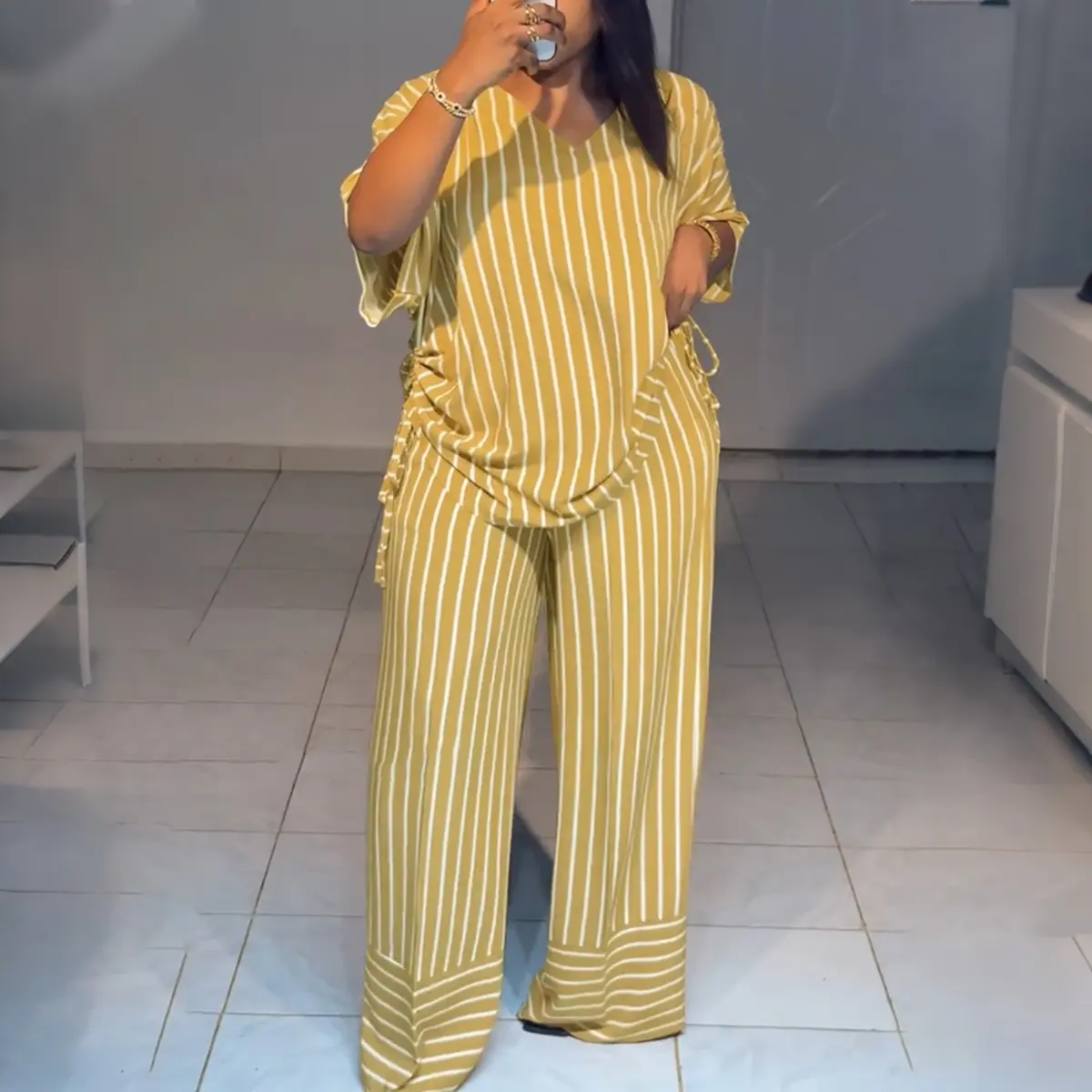 CHICME Women's Striped 2 Piece Outfits V Neck Short Sleeve Drawstring Top and Wide Leg Pants Set with Pockets