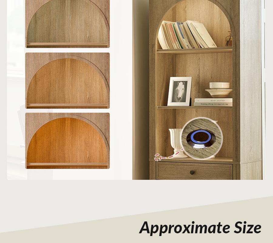 Hulala Baggio Modern Storage Bookcase with Smooth-Glide Drawer, Built-in LED Light, Arched Shape, Touch Switch for Three Lighting Options, Bookshelf, Living Room, Aesthetic