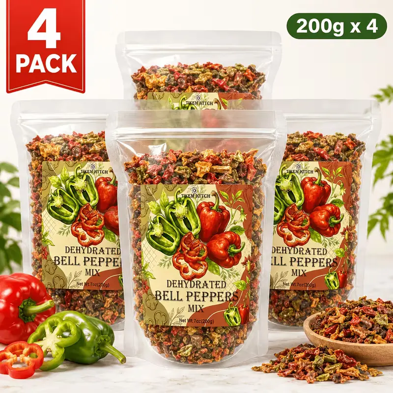 4-Pack Dried Bell Pepper Blend, Red & Green Dehydrated Pepper Pieces in Resealable Bags, Colorful Veggie Flakes for Pizza, Pasta, Omelets, Soups, Stir-Fries & Instant Meals