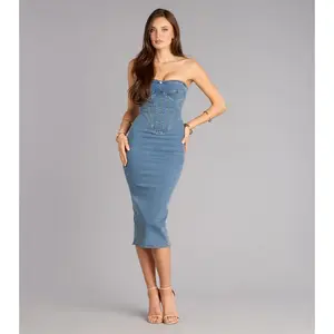 Elevated Edge Denim Corset Midi Dress
