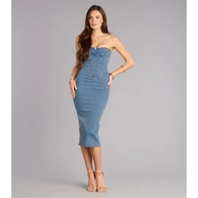 white christmas dresses Denim Corset Midi Dress 8 / Dark Wash main image 1