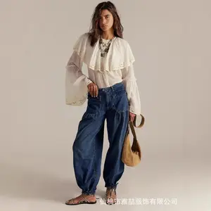 Women's Pleated Loose Mid Waist Wide-Leg Lotus Jeans