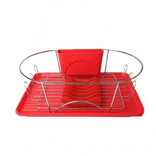 MegaChef 17 in Red and Silver Plastic Adjustable Kitchen Dish Rack Organiser - Freestanding Home Supplies, Detachable Utensil Holder, 6 Attachable Plate Positioners, Spacious Draining Boards, Hand-Washable, Multifunctional Dish Drying Solution