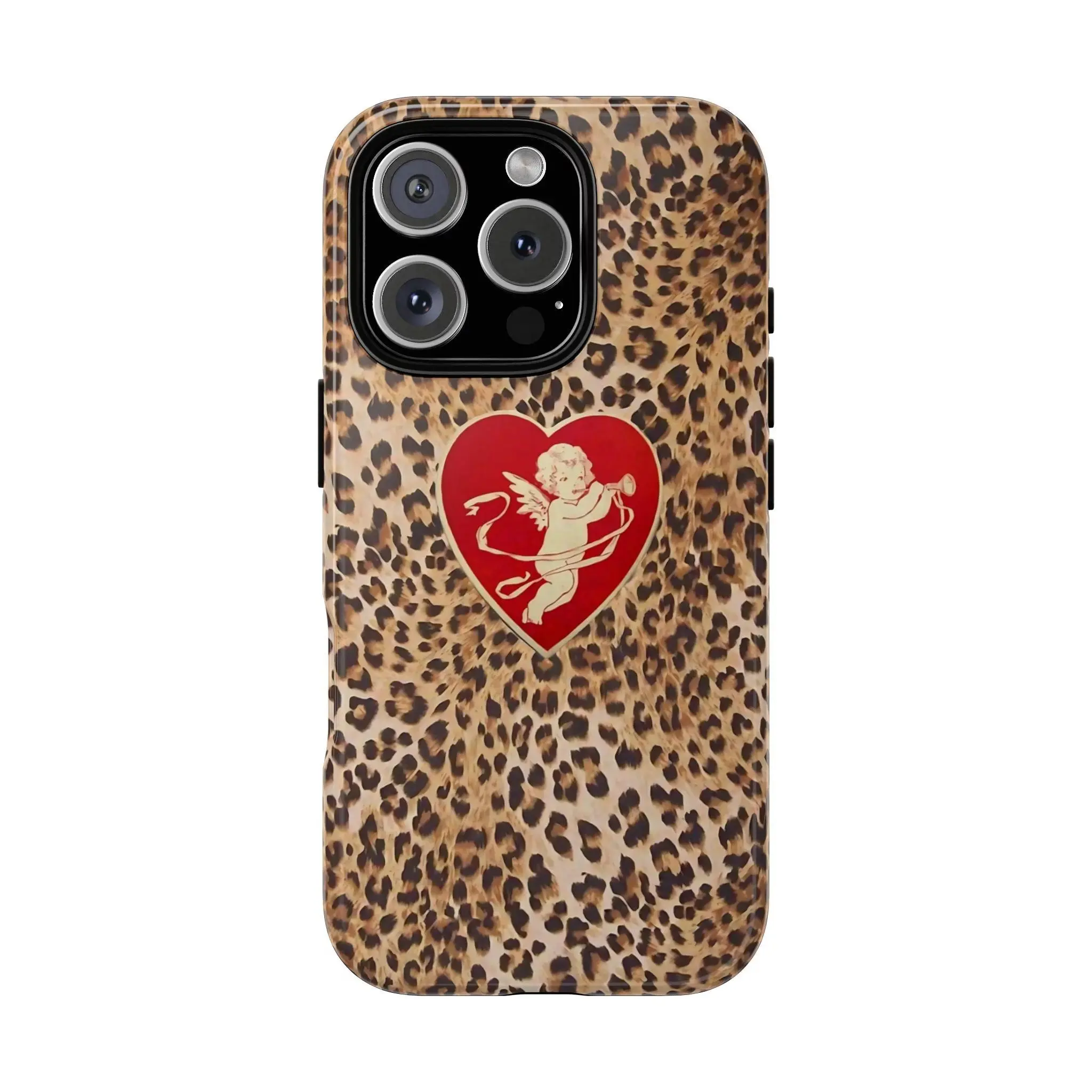 Leopard Print Cupid Heart Cute Animal Print Aesthetic Cellphone Case - Durable, Shockproof, Protective Plastic Polycarbonate Rubber, Vintage Mob Wife Style, Wireless Compatible, Protection Feature, Phone & Electronics Accessory, Casing