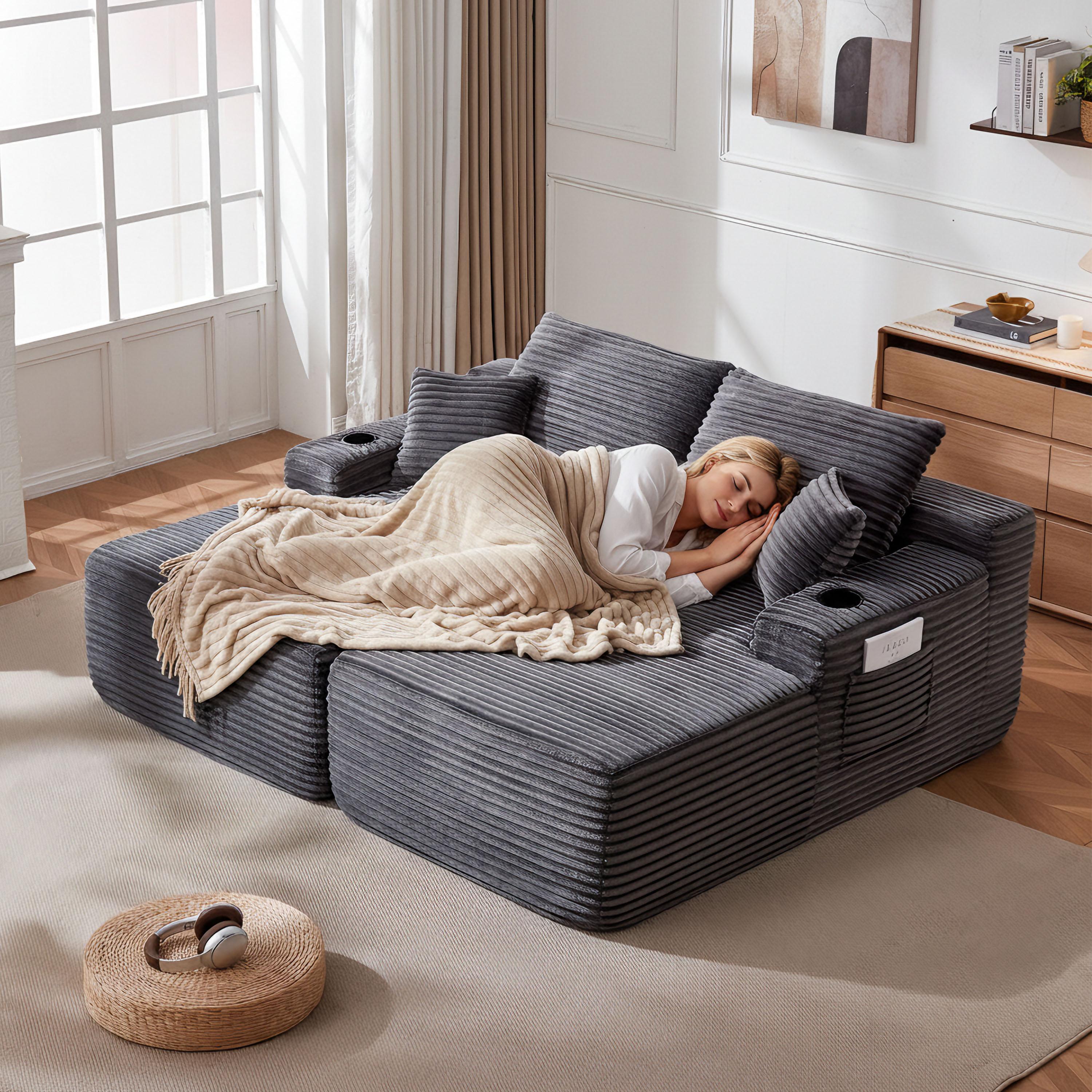 YOMSUM 69" Cloud Sectional Couch L-Shape Chaise with R-Shape Chaise Deep Seat Comfortable 2 Seater Plush Fabric Black,Chaise Lounge,No Assembly Required,Boneless Sofa Bed，With Side Pockets And Cup Holders