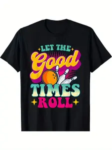 Men's Heavyweight Bowling-Themed T-Shirt - Retro Bowling Pin & Ball Graphic, Breathable Short Sleeve Tee with Bowling Alley Design for Casual Wear & Bowling Parties, 180gsm, Easter, Music Festival, Mother's Day Gifts