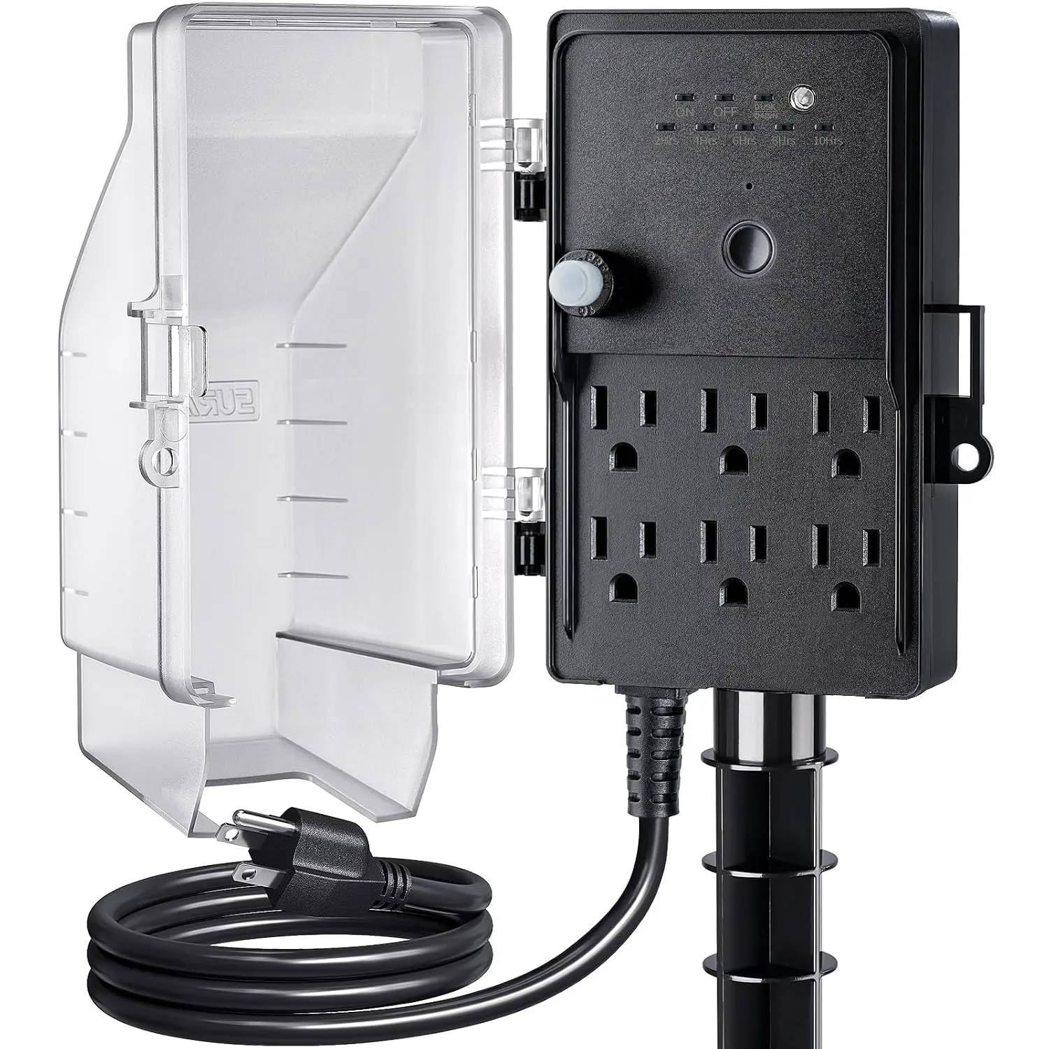 SURAIELEC 6Ft Cord Outdoor Power Stake Light Timer, Dusk to Dawn, 6 Electrical Outlet Power Strip Weatherproof, 6FT Extension Cord Multiple Outlet for Patio Lights, Sprinkler, Garden, Christmas Decorations