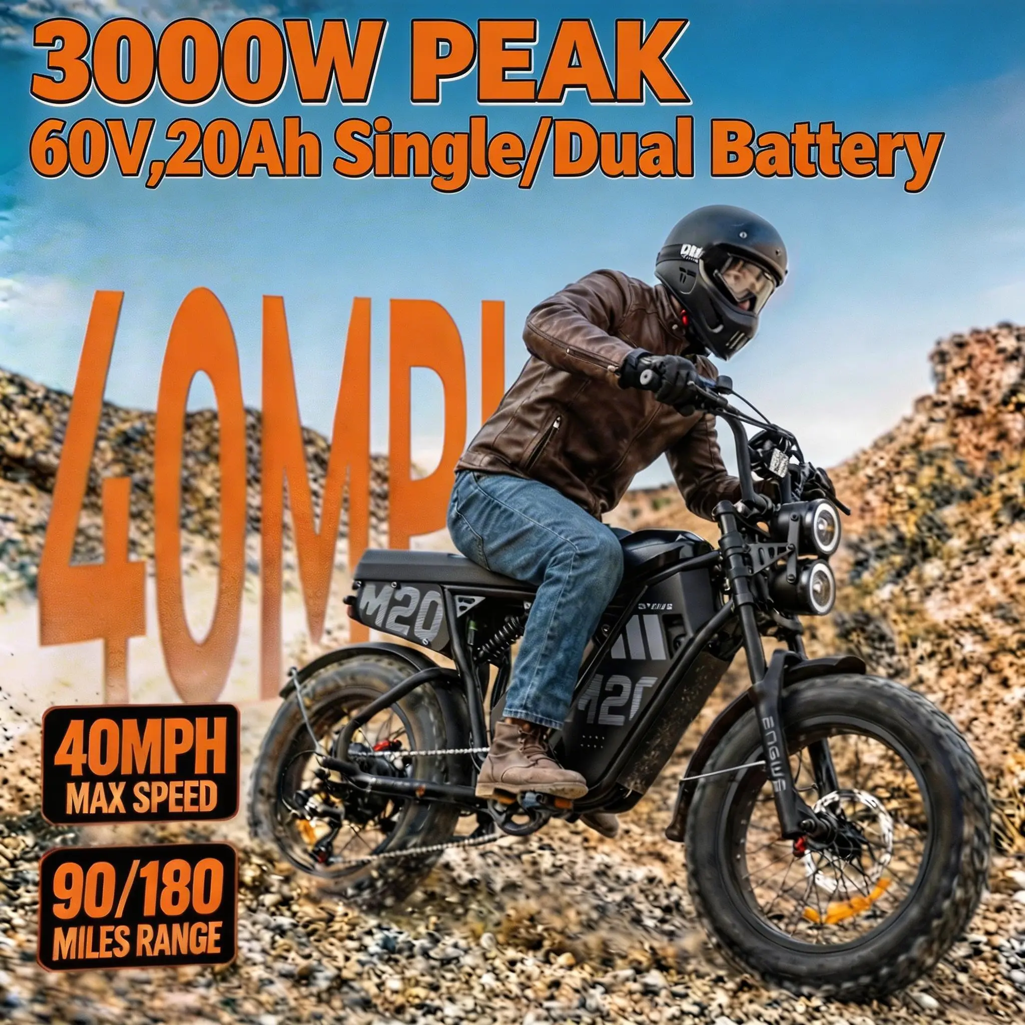 ENGWE M20 3.0 Moped-Style Aluminum Alloy Electric Bike for Adults, 40 MPH Full Suspension Commuter with 3300W Motor, 60V 20Ah/40Ah Dual Battery, 47% Maximum Climbing Degree, Mountains, Fastcharging, 20Ah Lithium-Ion Battery, 60V 20Ah Single Battery