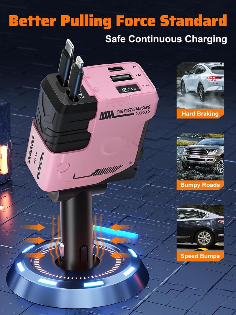 4-in-1  car charger USB C Fast Charging Adapter Ultra-fast charging 31.5 Inch Range Retractable Charger Lightning Cable 2 retractable cables