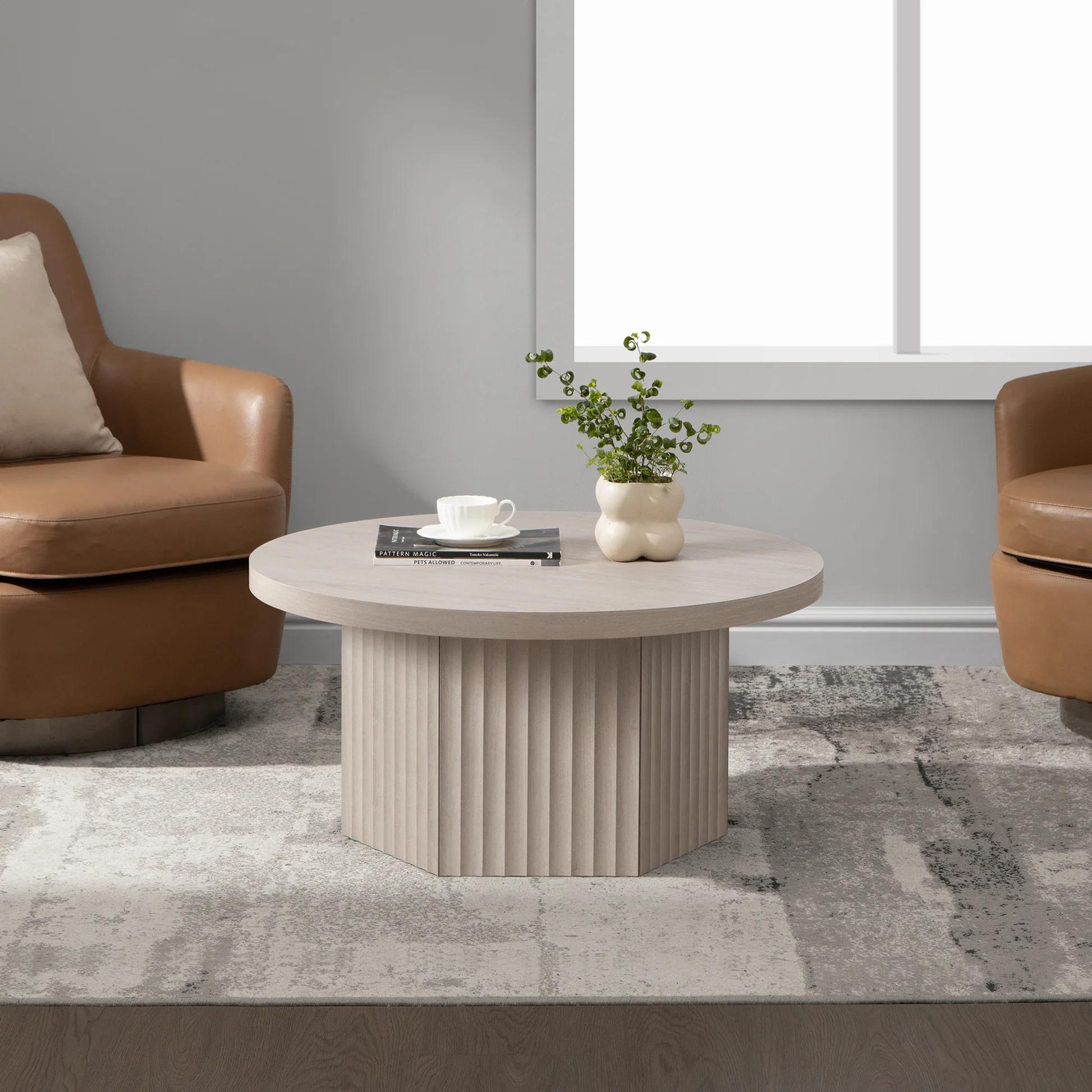 SICOTAS Round Coffee Table for Living Room, Modern Fluted Circle Center Coffee Table with Storage, 32" Accent Tea Dining Table for Apartment, Grey Alder